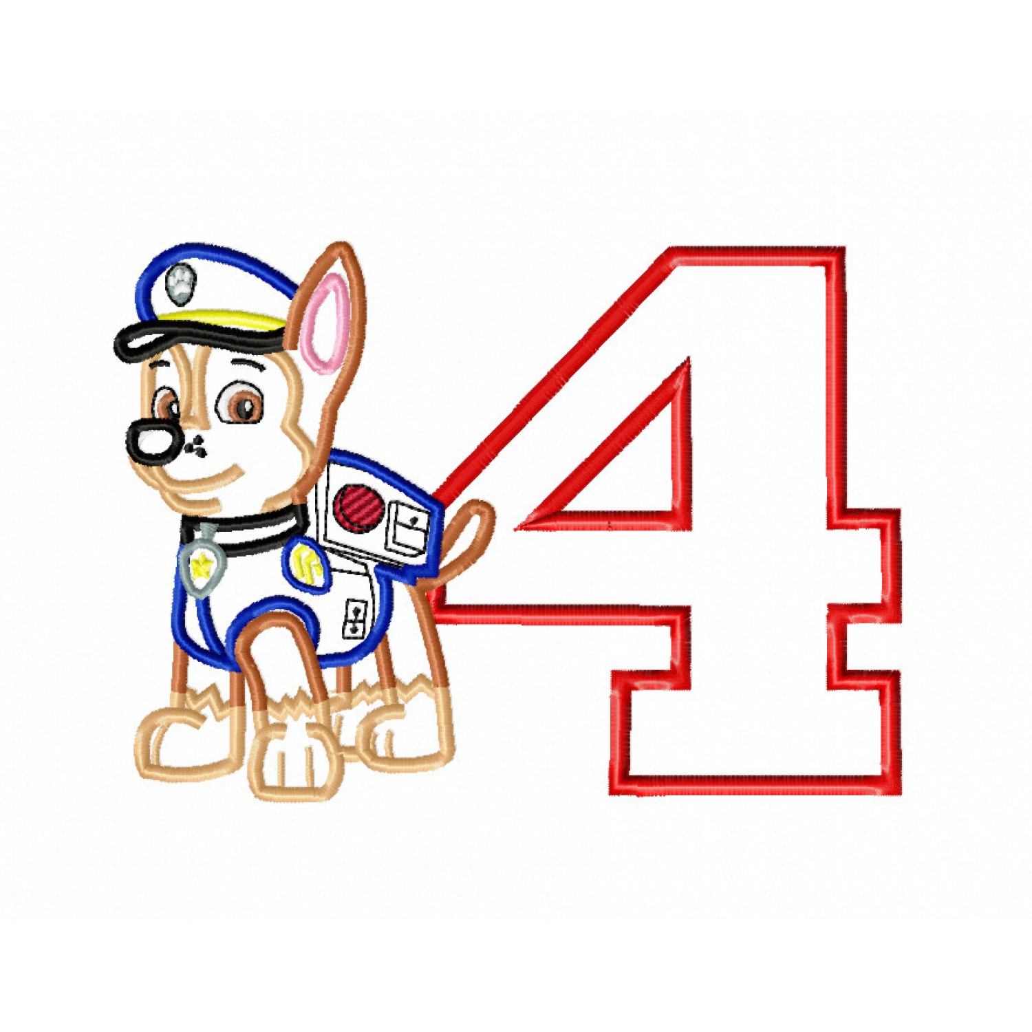 Cute Police Dog Birthday Number 4 Embroidery Design