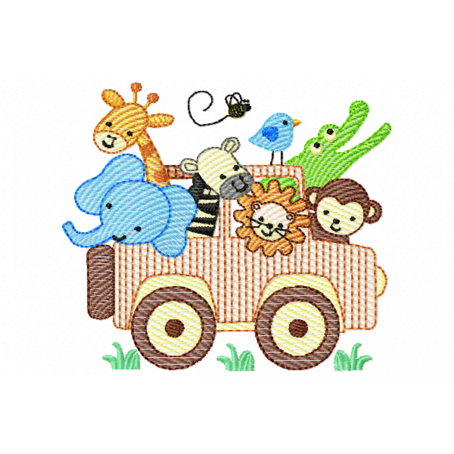 Safari animals in car Embroidery Design