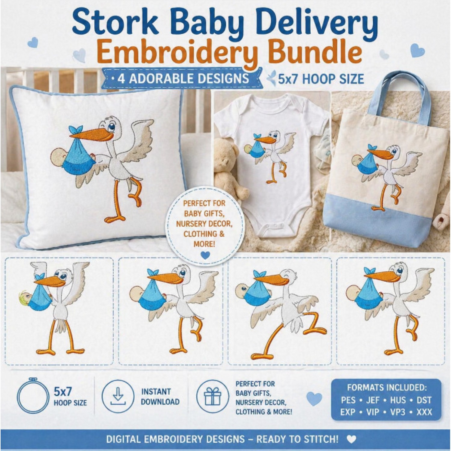 Baby Stork Embroidery Bundle – 4 Cute Designs for Newborn Gifts 5x7