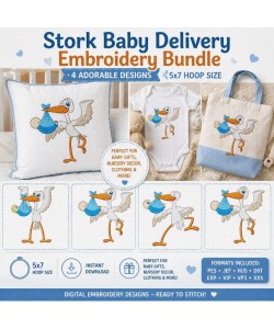 Baby Stork Embroidery Bundle – 4 Cute Designs for Newborn Gifts 5x7