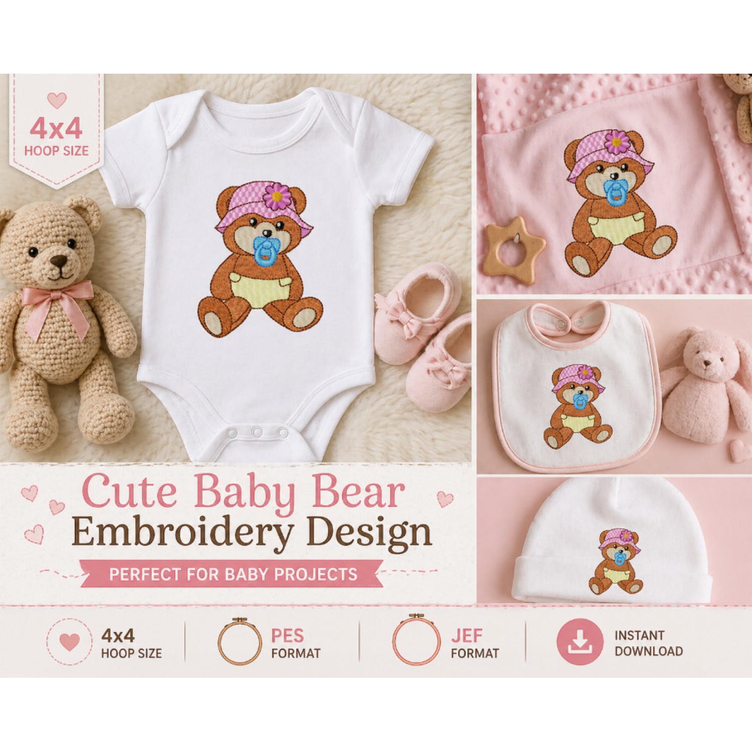 Baby Teddy Bear Embroidery Design with Pacifier – Cute Girl Nursery 4x4