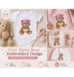 Baby Teddy Bear Embroidery Design with Pacifier – Cute Girl Nursery 4x4