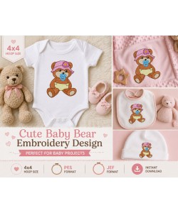 Baby Teddy Bear Embroidery Design with Pacifier – Cute Girl Nursery 4x4