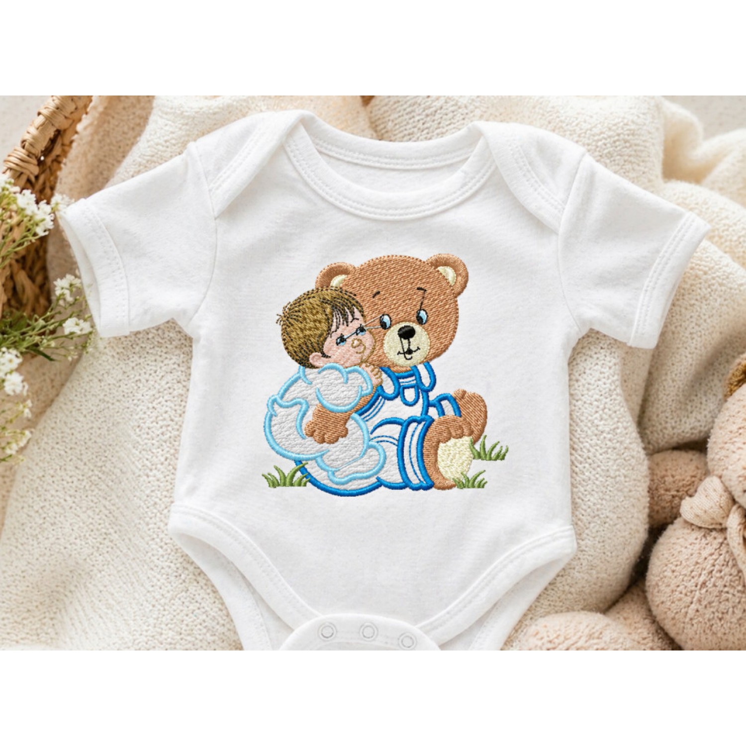Baby with Bear Embroidery Design