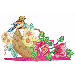 Vintage Bird & Floral Basket Embroidery Design
