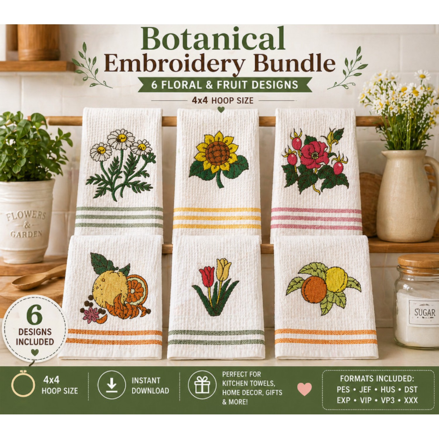 Botanical Embroidery Bundle – Flowers & Fruits 4x4