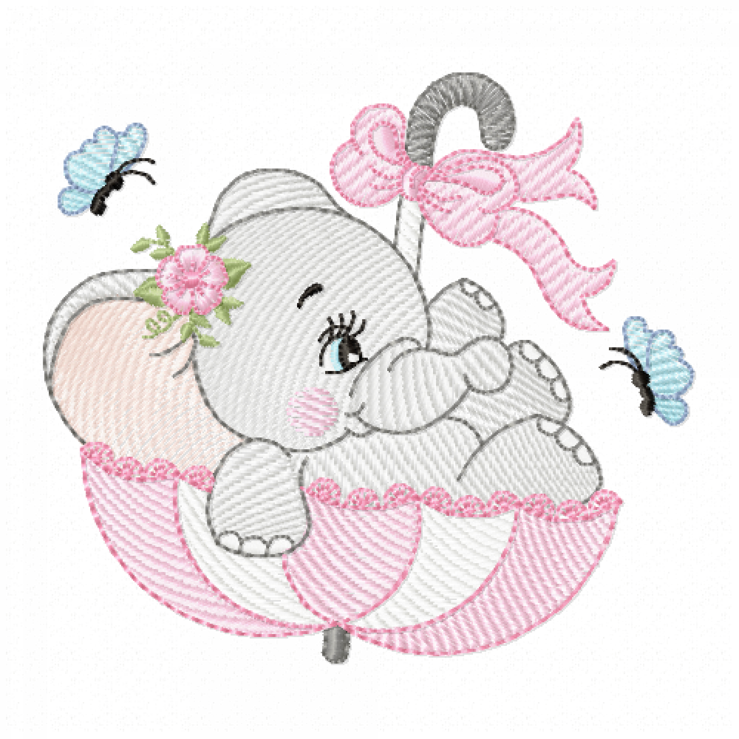 Elephant in the umbrella Embroidery Design