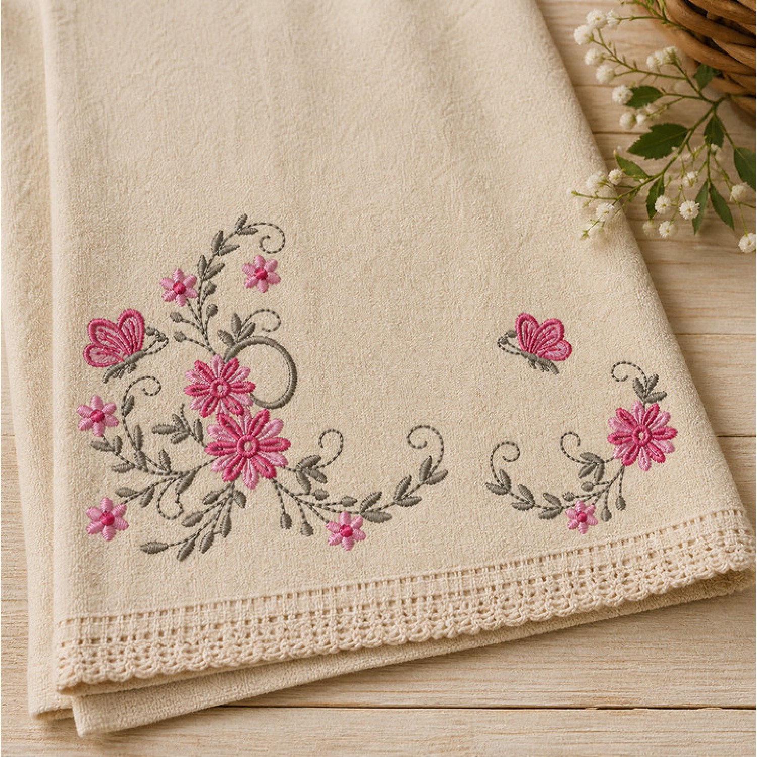 Elegant Pink Floral Butterfly Embroidery Design