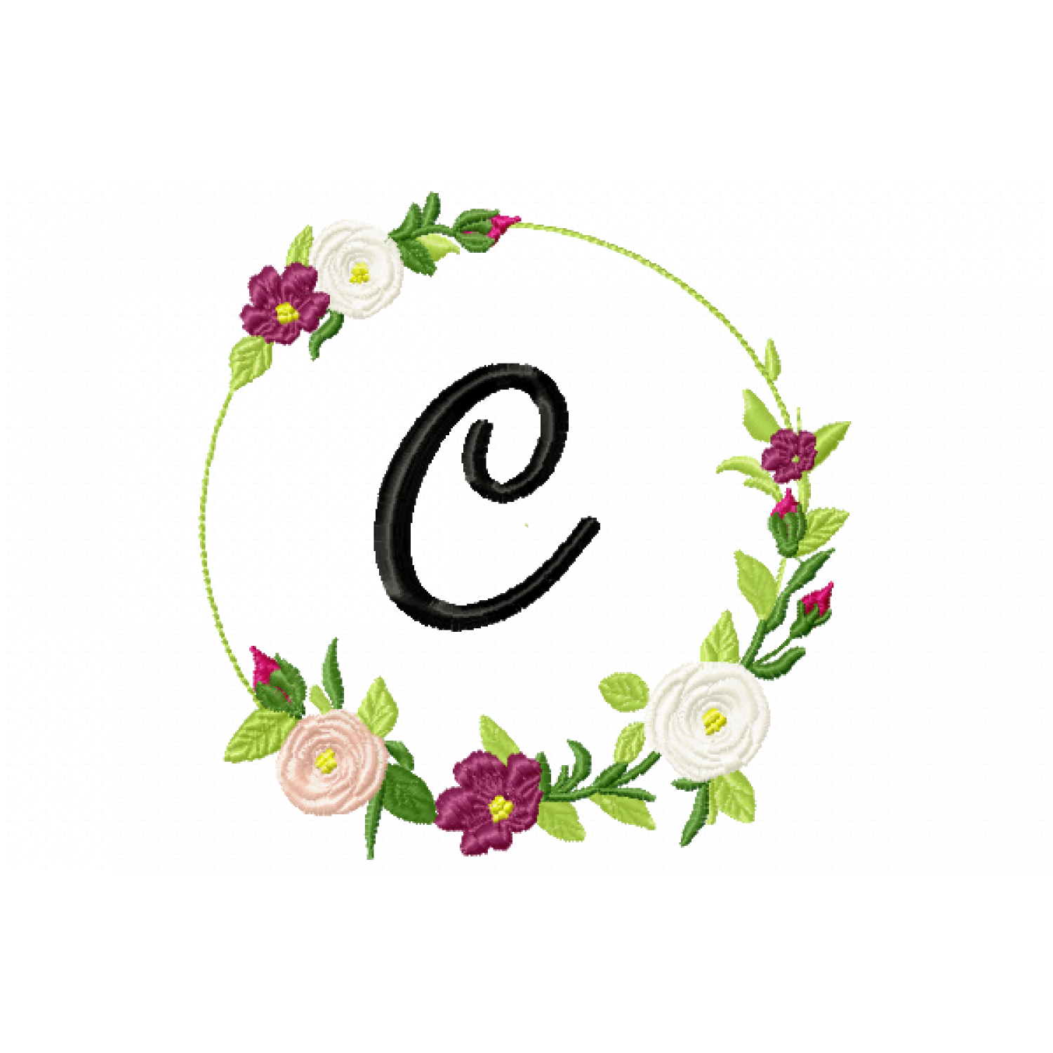 Frame Roses Monogram Letter C Embroidery Design