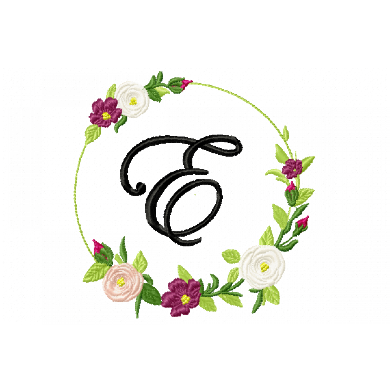 Frame Roses Monogram Letter E Embroidery Design