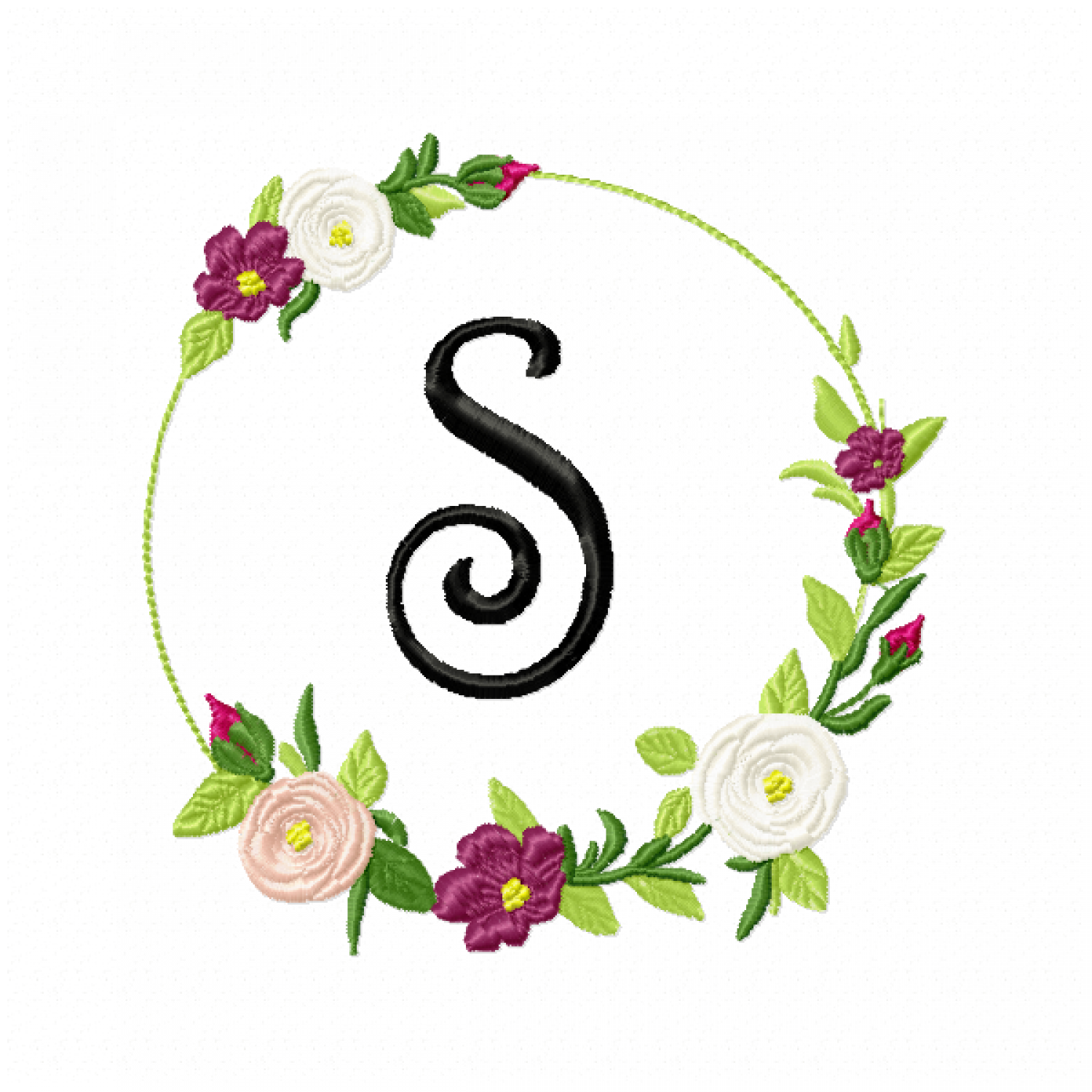Frame Roses Monogram Letter S Embroidery Design