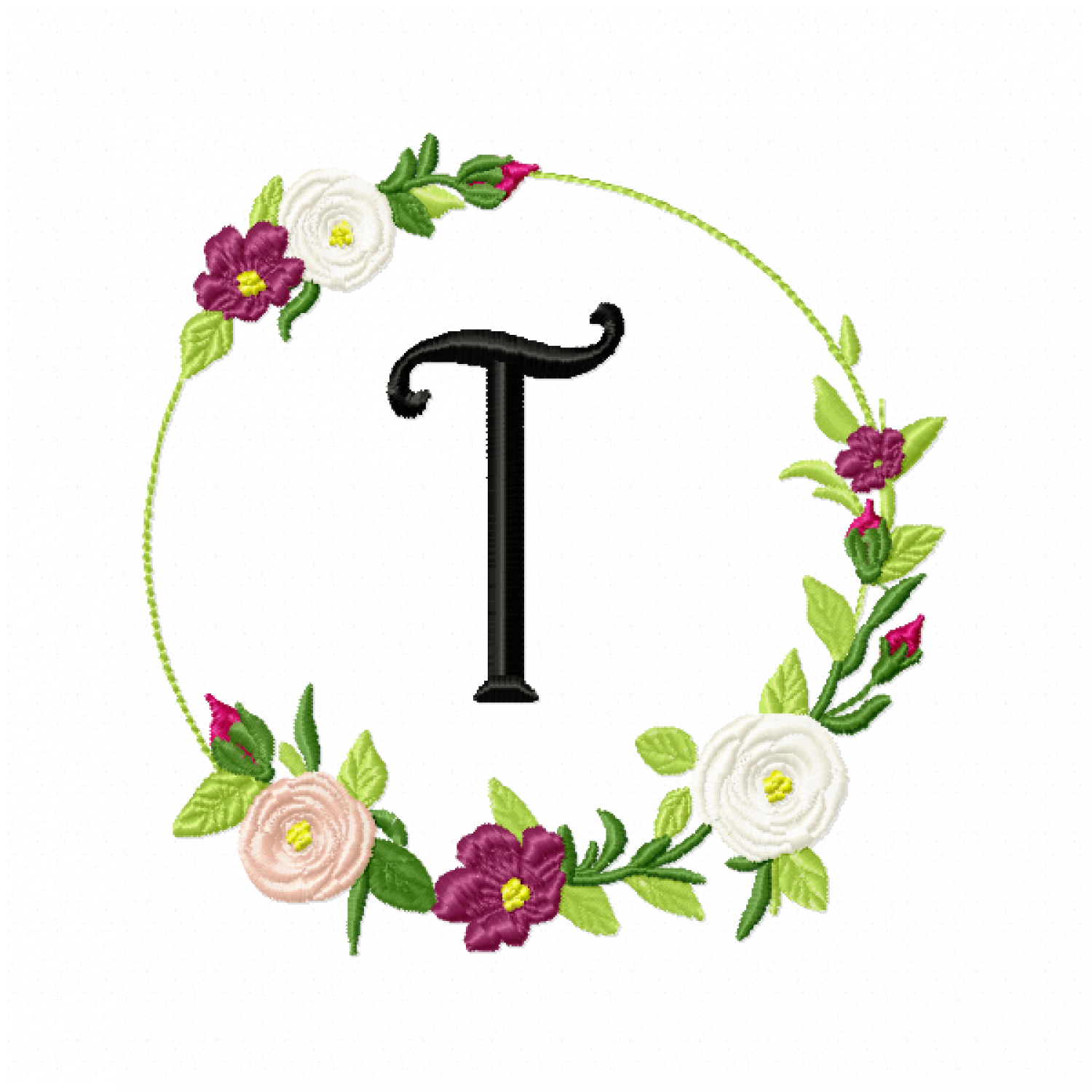 Frame Roses Monogram Letter T Embroidery Design