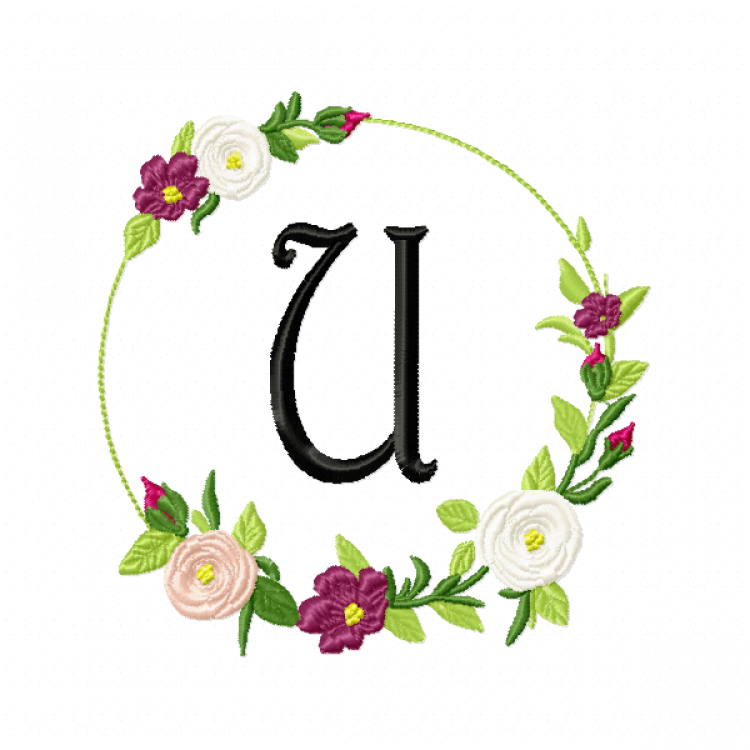 Frame Roses Monogram Letter U Embroidery Design