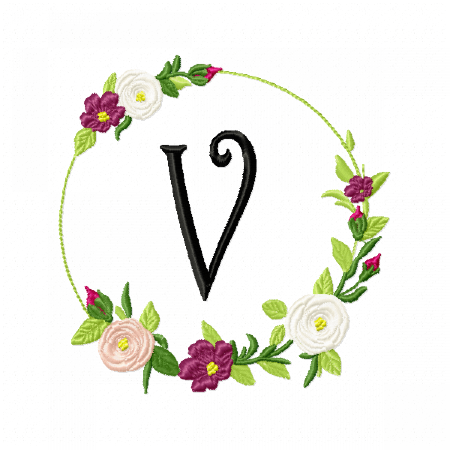 Frame Roses Monogram Letter V Embroidery Design