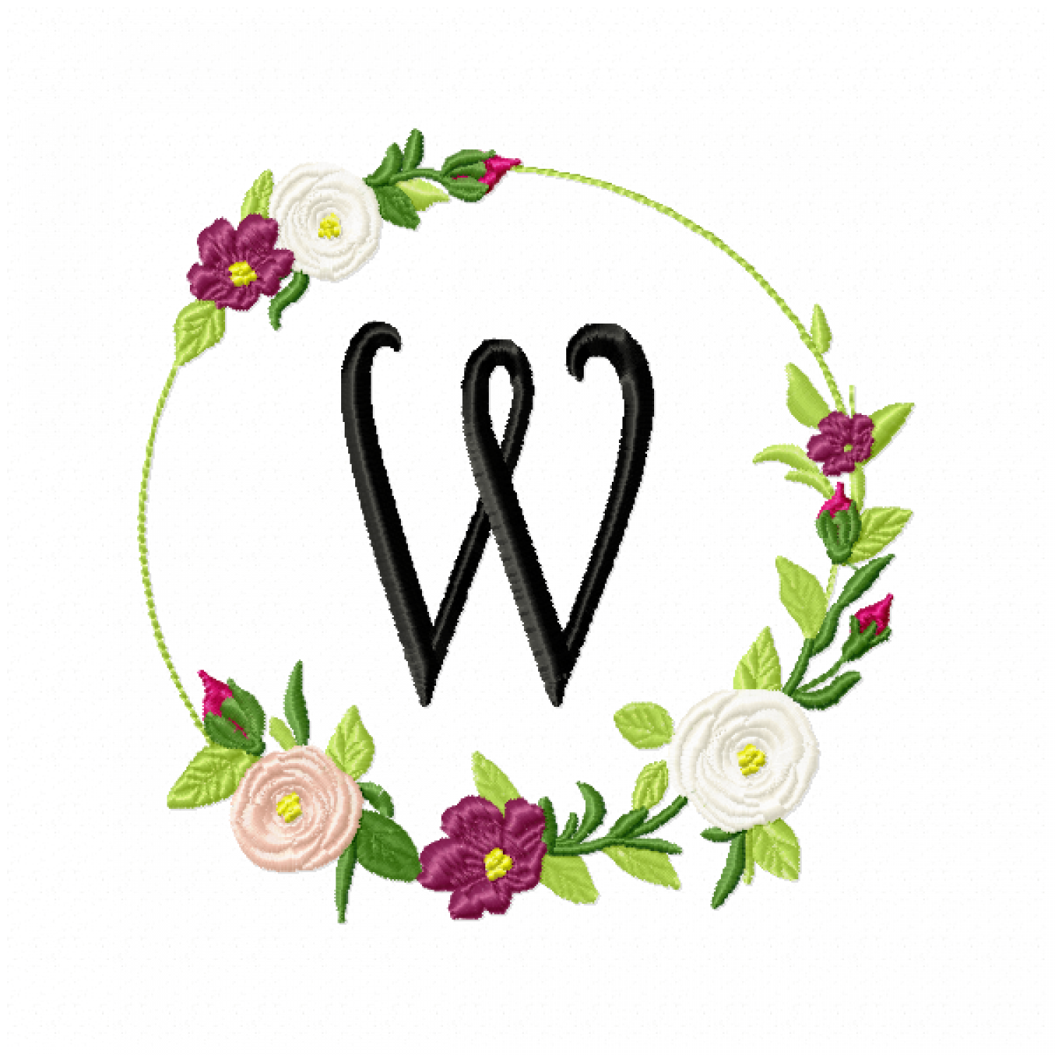 Frame Roses Monogram Letter W Embroidery Design