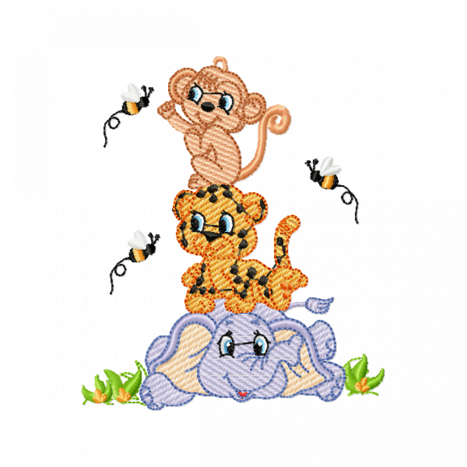 Monkey Tiger Elephant Embroidery Design