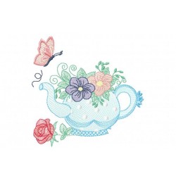 Floral Tea Kettle Embroidery Design