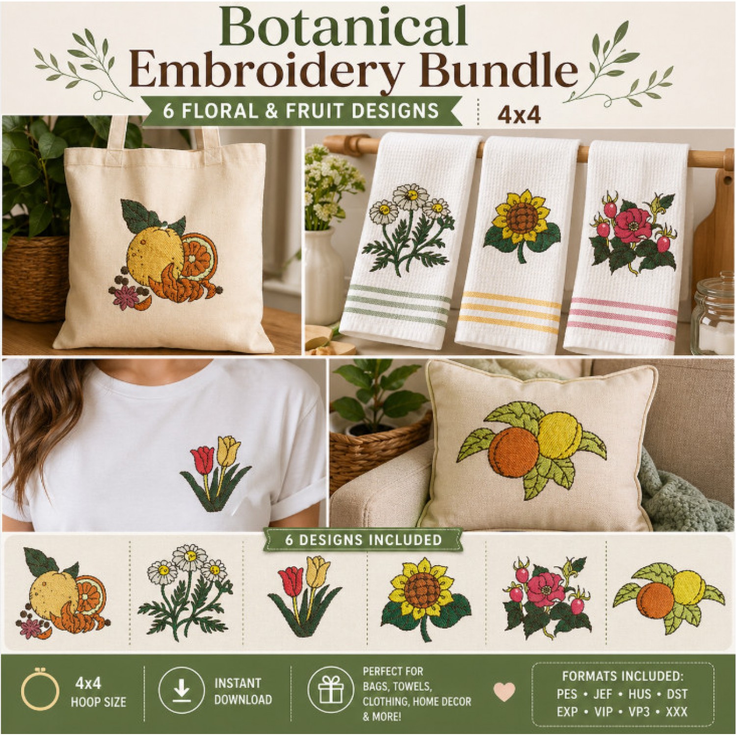 Vintage Floral & Fruit Embroidery Bundle – 6 Designs 4x4