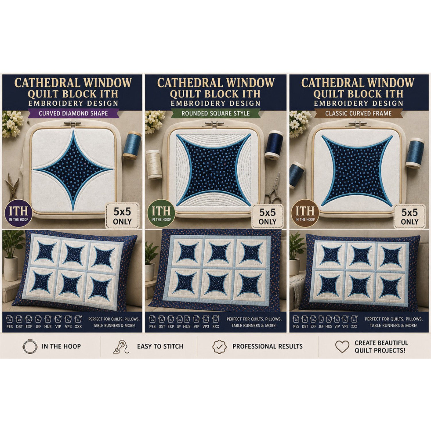 Cathedral Window Quilt Block Bundle – 3 ITH Designs 5x5