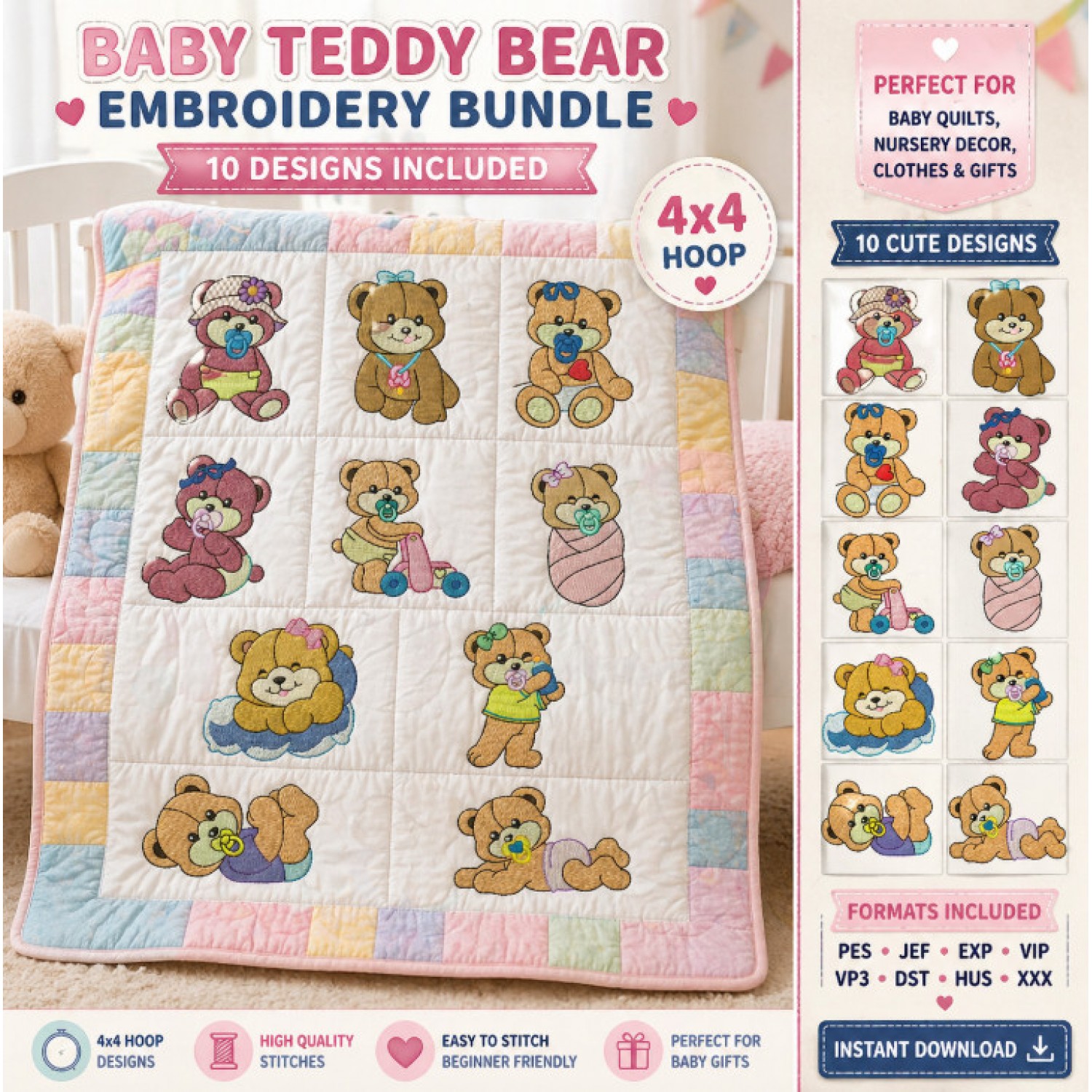 Cute Baby Teddy Bear Embroidery Bundle – 10 Designs 4x4 for Nursery & Gifts