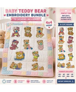 Cute Baby Teddy Bear Embroidery Bundle – 10 Designs 4x4 for Nursery & Gifts