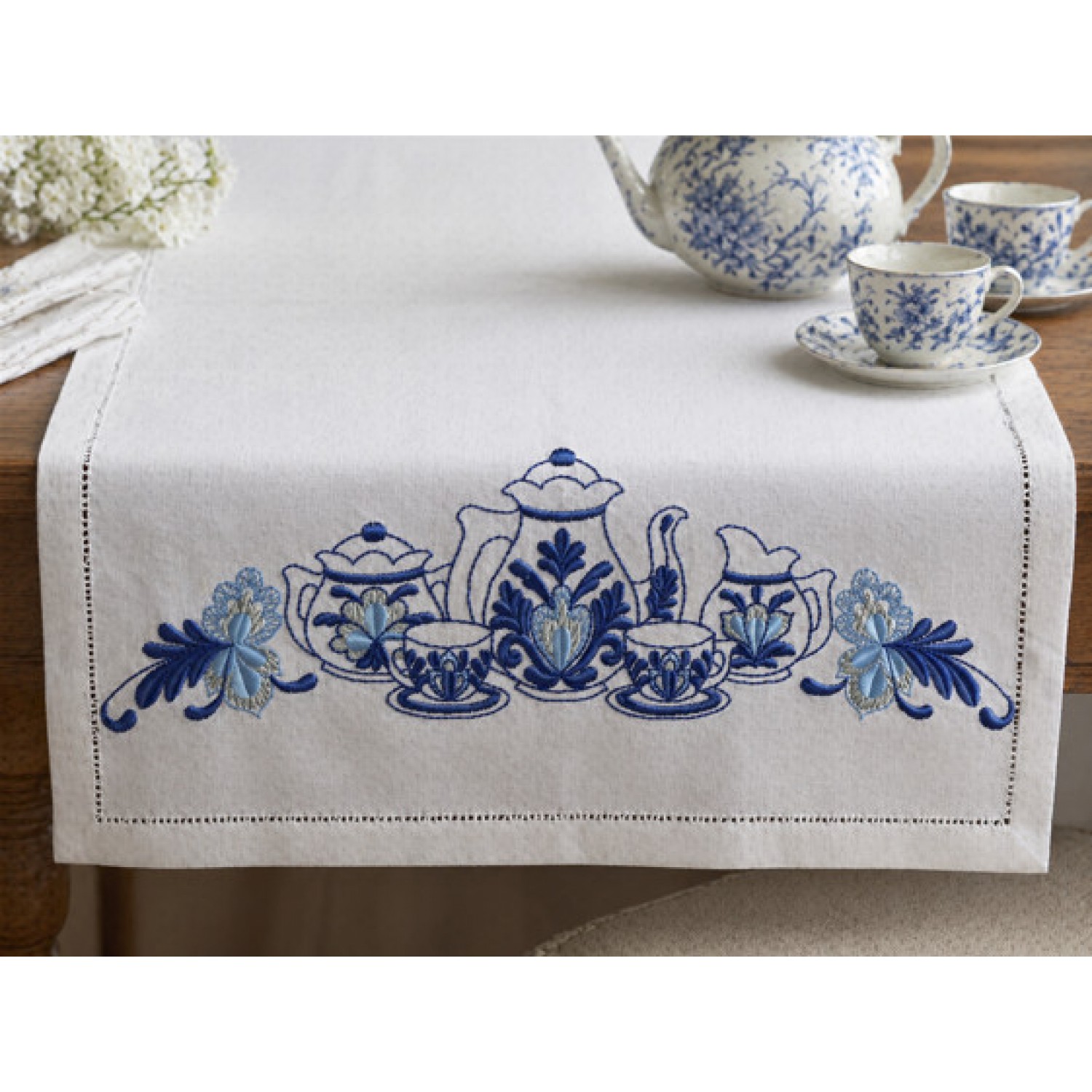 Elegant Blue Tea Set Embroidery Design