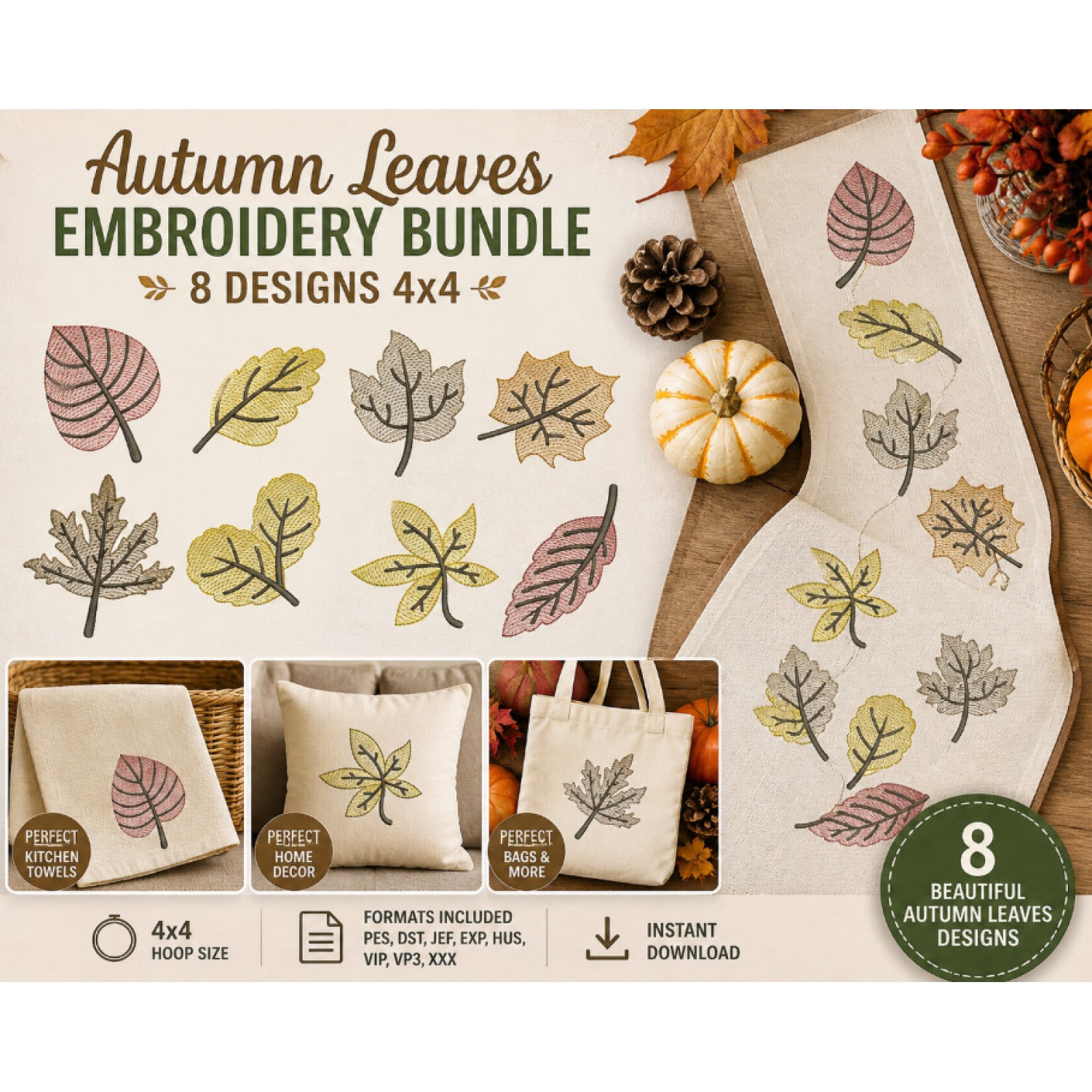 Fall Leaves Embroidery Bundle – 8 Autumn Designs 4x4