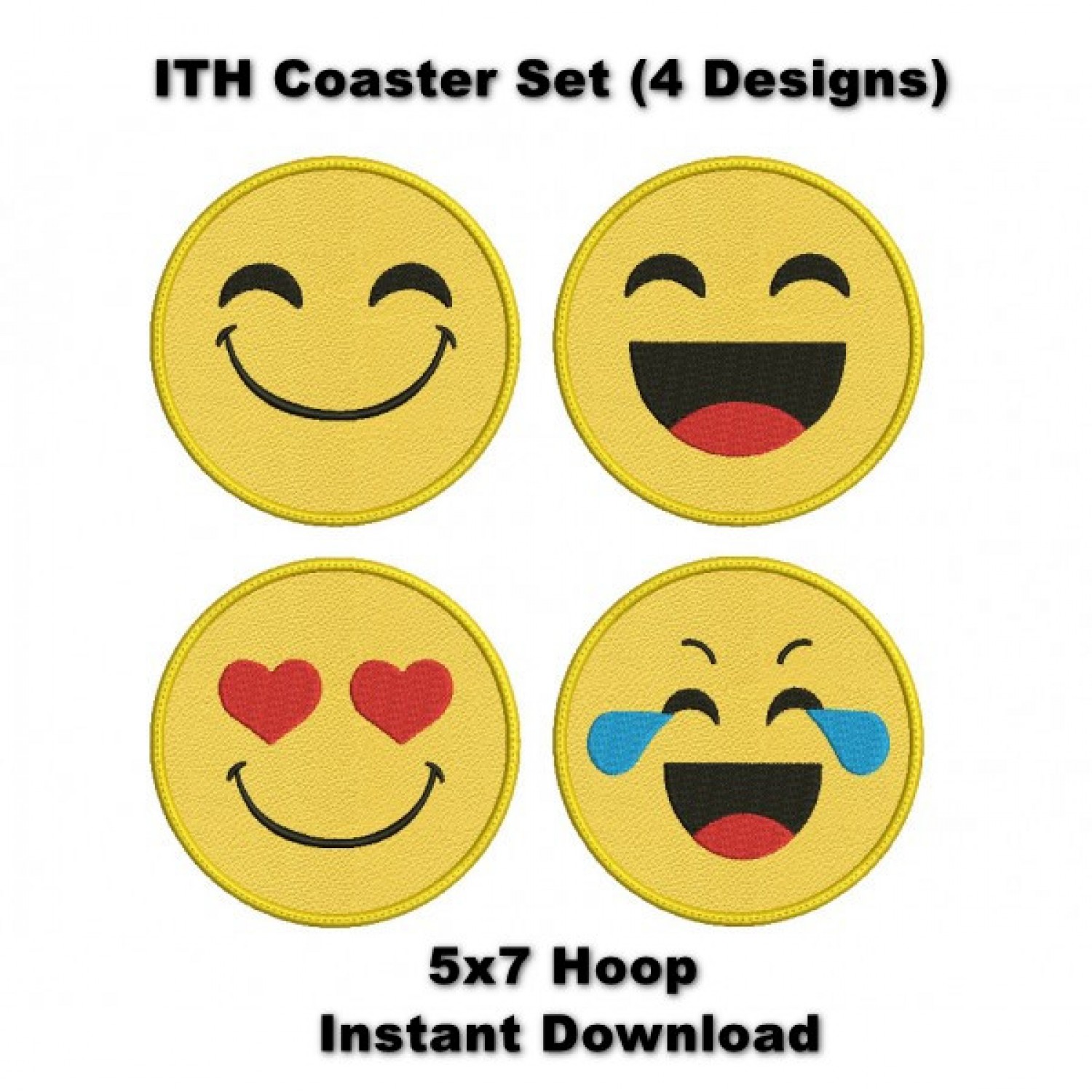 Fun Smiley Face Coasters ITH Embroidery Design – 5x7 Set of 4