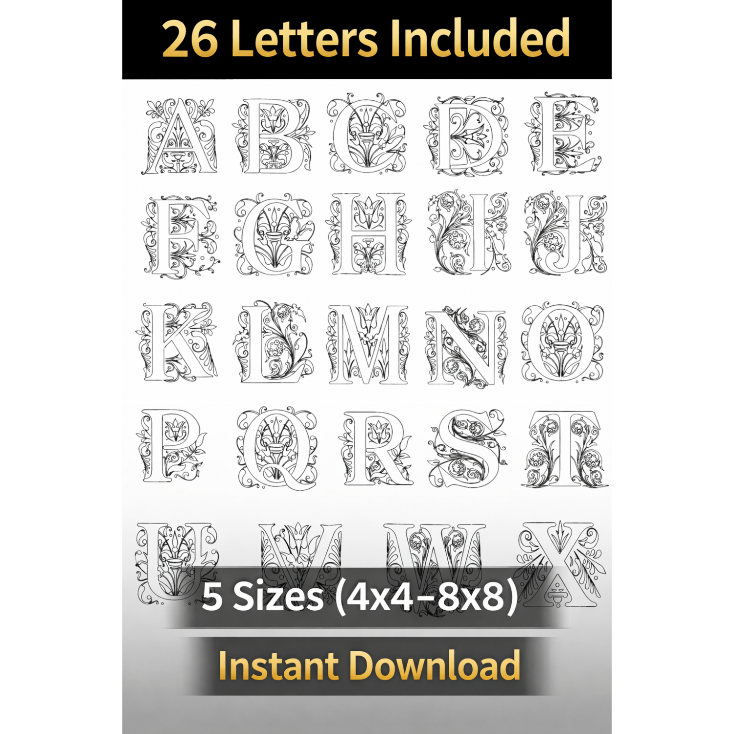 Luxury Floral Monogram Alphabet Embroidery Design Bundle A–Z (5 Sizes)