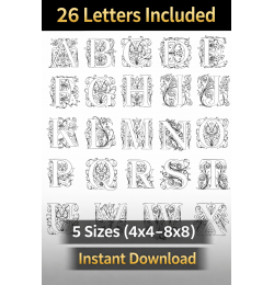 Luxury Floral Monogram Alphabet Embroidery Design Bundle A–Z (5 Sizes)