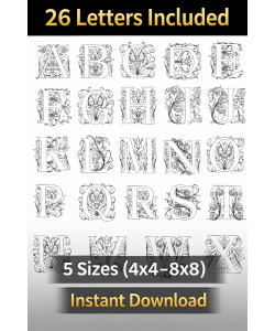 Luxury Floral Monogram Alphabet Embroidery Design Bundle A–Z (5 Sizes)