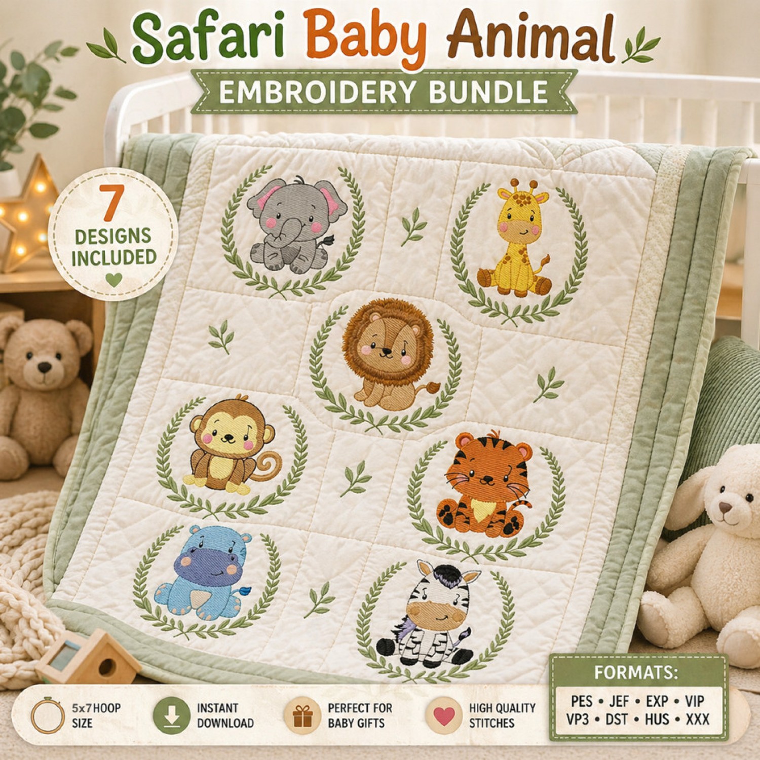 Safari Baby Animal Embroidery Bundle – 7 Cute Designs for Nursery
