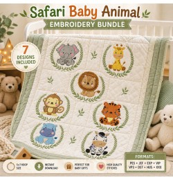 Safari Baby Animal Embroidery Bundle – 7 Cute Designs for Nursery