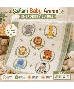 Safari Baby Animal Embroidery Bundle – 7 Cute Designs for Nursery