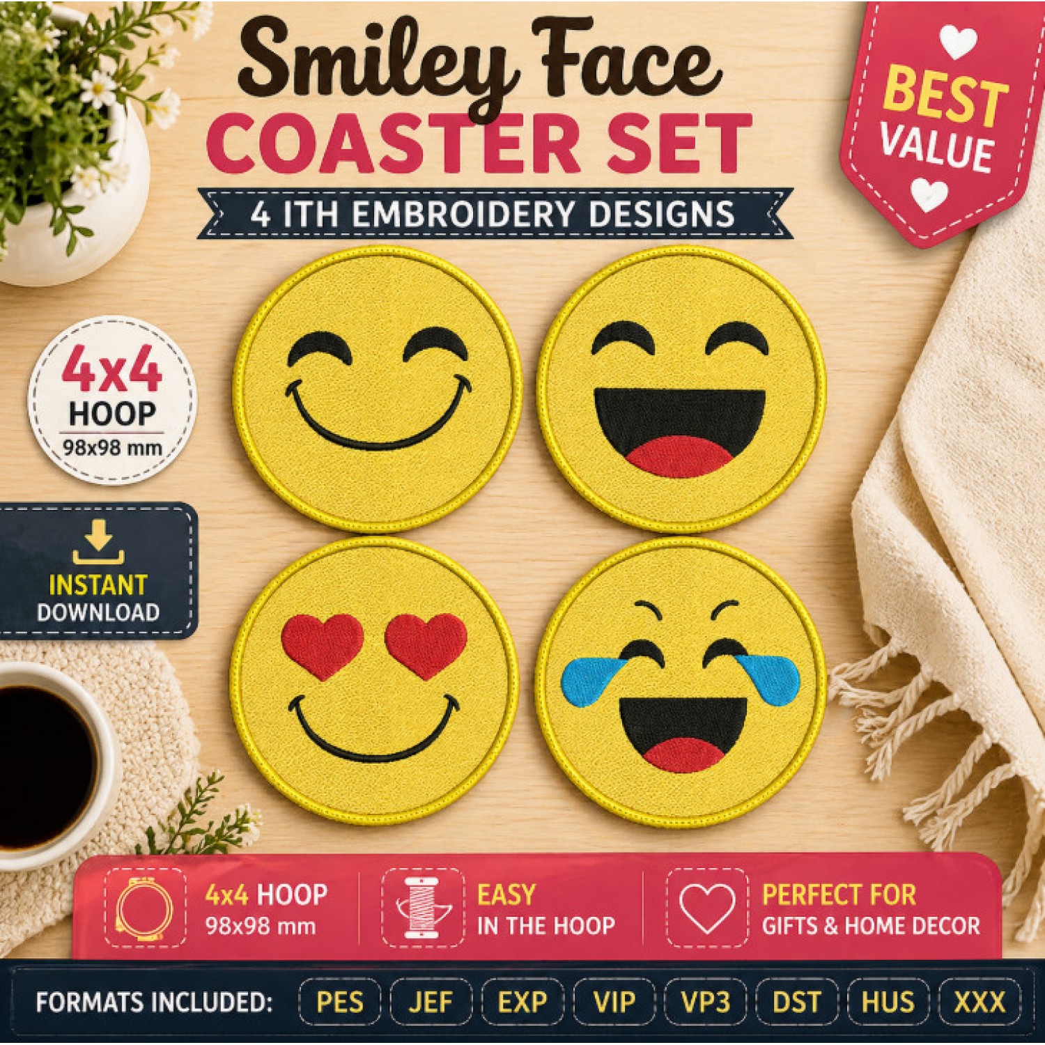 Smiley Face Coaster Set – 4 In The Hoop Embroidery Designs 4x4