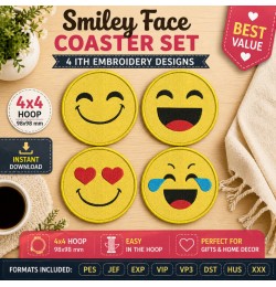 Smiley Face Coaster Set – 4 In The Hoop Embroidery Designs 4x4