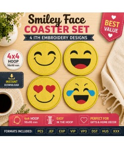 Smiley Face Coaster Set – 4 In The Hoop Embroidery Designs 4x4