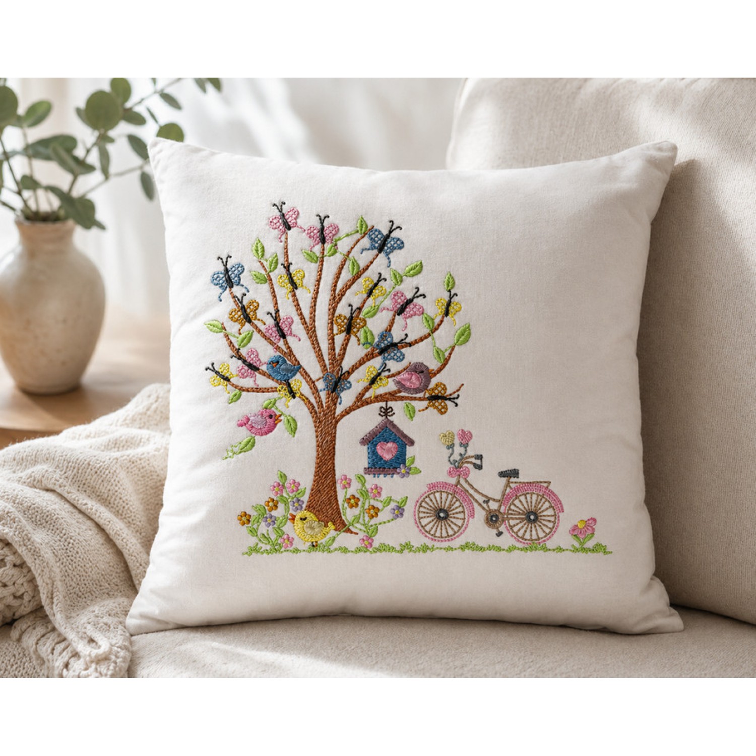 Spring Garden Tree Embroidery Design with Birds & Bicycle