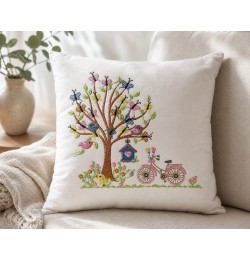 Spring Garden Tree Embroidery Design with Birds & Bicycle