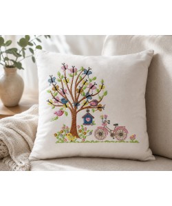 Spring Garden Tree Embroidery Design with Birds & Bicycle