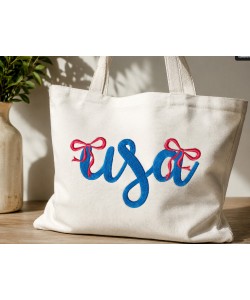 USA Script Embroidery Design with Patriotic Red Bows 5x7