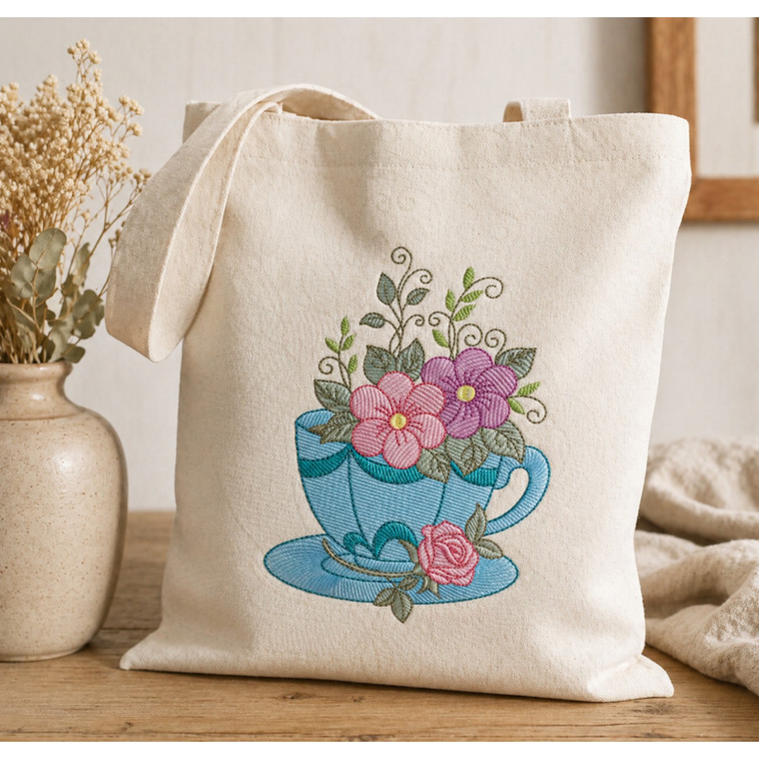 Vintage Floral Teacup Embroidery Design